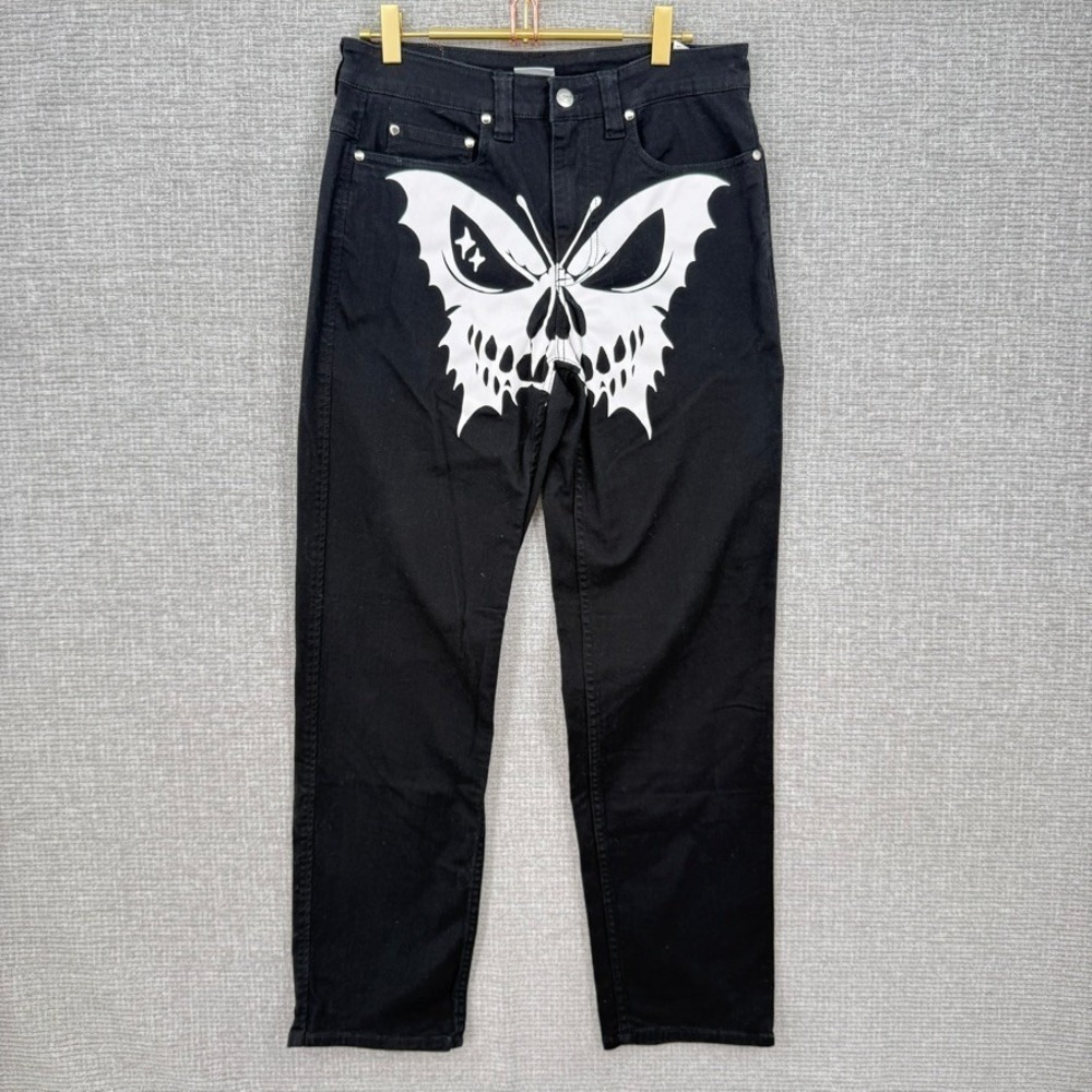 Salem7 Butterfly Skull Graphic Jeans Women 28 Black Goth Emo